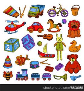 Kid toys and children playthings collection for kindergarten girls and boys. Vector isolated icons set of ball, doll or car and bear with rabbit, ship or gun and rocket or tank and musical instruments. Kid toys or children playthings vector flat icons collection