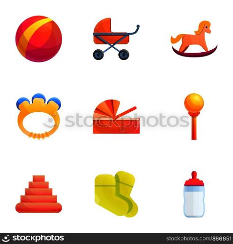 Kid toys icon set. Cartoon set of 9 kid toys vector icons for web design isolated on white background. Kid toys icon set, cartoon style