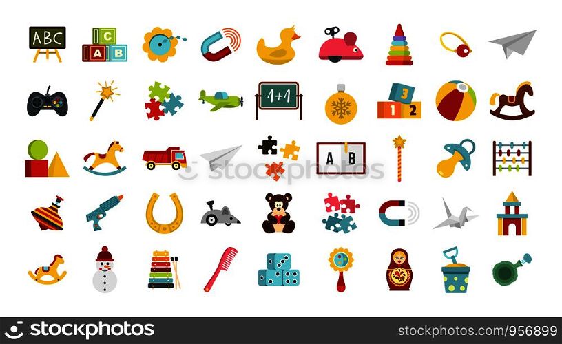 Kid toys icon set. Flat set of kid toys vector icons for web design isolated on white background. Kid toys icon set, flat style