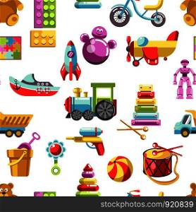 Kid toys vector icons seamless pattern. Children playthings set for kindergarten girls and boys. Flat teddy bear, pyramid and bicycle, rocket, ball and train. Kid toys vector icons seamless pattern. Children playthings set