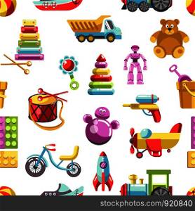 Kid toys vector icons seamless pattern. Children playthings set for kindergarten girls and boys. Flat teddy bear, pyramid and bicycle, rocket, ball and train. Kid toys vector icons seamless pattern. Children playthings set