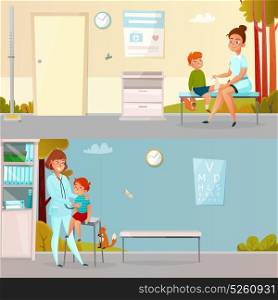 Kid Visits Doctor Cartoon Banners. Kid visits doctor horizontal cartoon banners including boy with injured leg hearings of breathing isolated vector illustration