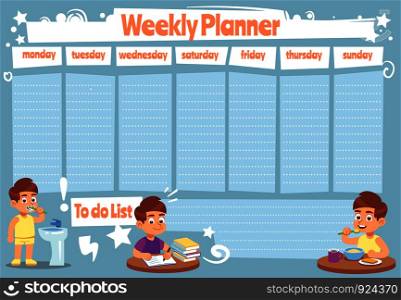 Kid weekly planner. Children cute calendar weeks design for to do list notes of school schedule vector sticker showers daily template. Kid weekly planner. Children cute calendar, weeks design for to do list notes of school schedule vector template
