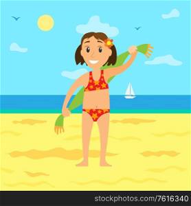 Kid wiping wet water from body vector, child with towel smiling. Beach and seaside with sailboat, hot sand and sunny weather, girl wearing bathing suit. Summer Vacation, Small Girl on Beach with Towel