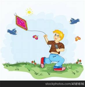 kid with a kite vector illustration