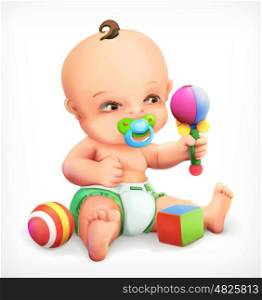 Kid with a rattle, baby with pacifier, an infant in nappies, a little boy exploring his toys are maraca, vector icon