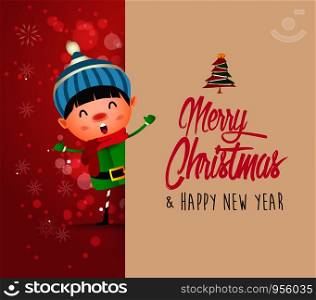 Kid with big signboard. Merry Christmas calligraphy lettering design. Creative typography for holiday greeting