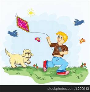 kid with kite vector illustration