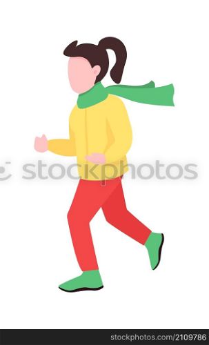 Kid with ponytail running semi flat color vector character. Jogging figure. Full body person on white. Autumn activity isolated modern cartoon style illustration for graphic design and animation. Kid with ponytail running semi flat color vector character