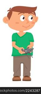 Kid with remote control. Boy holding radio controller. Vector illustration. Kid with remote control. Boy holding radio controller