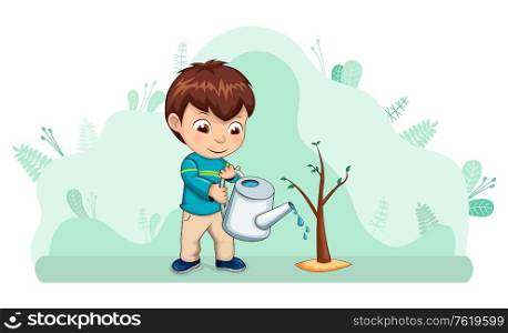 Kid with watering can caring for nature vector, ecology friendly child with tree. Environmental help of young boy, frondage and leaves gardening flat style. Small Kid Boy Caring for Nature Watering Plant