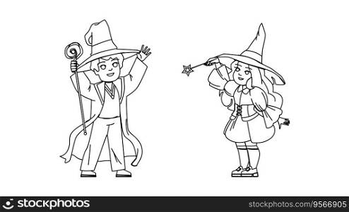 kid wizard vector. magic child, magician wand, hat fantasy, costume show, young happy kid wizard character. people black line illustration. kid wizard vector