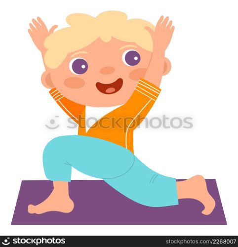 Kid workout. Happy child exercise on mat isolated on white background. Kid workout. Happy child exercise on mat