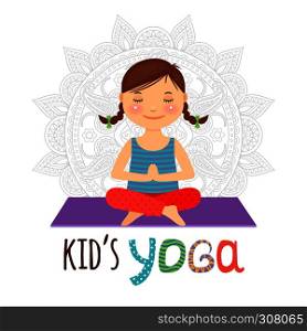 Kid yoga logo. Girl sitting in lotus pose. Vector illustration.. Kid yoga logo
