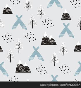 Kiddish seamless pattern vector with cute wigwams in the forest between mountains and trees. Creative scandinavian style for fabric, textile, pyjamas, apparel, decor, background.. White bears seamless pattern vector happy cute teddy in the forest between mountains and trees.