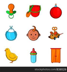 Kiddy icons set. Cartoon set of 9 kiddy vector icons for web isolated on white background. Kiddy icons set, cartoon style