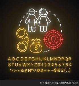 Kidnap scam neon light concept icon. Children abduction. Demanding ransom. Money fraud. Searching for kidnapper idea. Glowing sign with alphabet, numbers and symbols. Vector isolated illustration