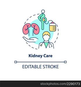 Kidney care concept icon. Disease relief. Service of medical center abstract idea thin line illustration. Isolated outline drawing. Editable stroke. Arial, Myriad Pro-Bold fonts used. Kidney care concept icon