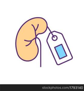 Kidney sale RGB color icon. Illegal organ and tissues trade. Illicit transportation of body parts. Underground transplantations. Isolated vector illustration. Simple filled line drawing. Kidney removal RGB color icon