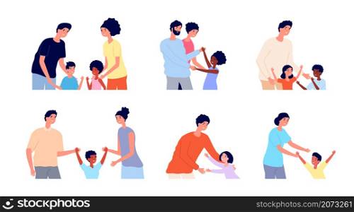 Kids adoption. Kid with new parents, father mother adopted child. People challenge life, international couples hug son vector scenes. Illustration mother and father, family care and adoption child. Kids adoption. Kid with new parents, father mother adopted child. People challenge life, cartoon international couples hug son utter vector scenes