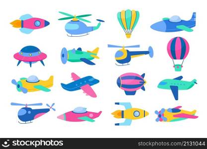 Kids air transport. Childish bright airplanes, balloons with baskets, cute color helicopters in sky, cartoon baby aviation, flying toys collection, nursery decor, simple objects, vector isolated set. Kids air transport. Childish bright airplanes, balloons with baskets, cute color helicopters in sky, cartoon baby aviation, flying toys, nursery decor, simple objects, vector isolated set
