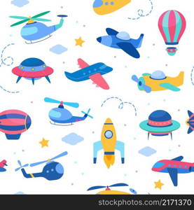 Kids air transport seamless pattern. Aeroplanes and rockets, helicopters and ufos, cute childish design, boys nursery theme, white background. Decor textile, wrapping paper wallpaper, vector print. Kids air transport seamless pattern. Aeroplanes and rockets, helicopters and ufos, cute childish design, boys nursery theme, white background. Decor textile, wrapping paper, vector print