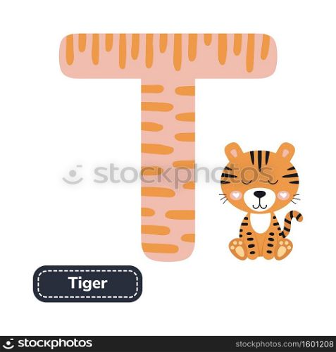 Kids alphabet. Letter t. Cute cartoon tiger. Vector illustration.. Kids alphabet. Letter t. Cute cartoon tiger.