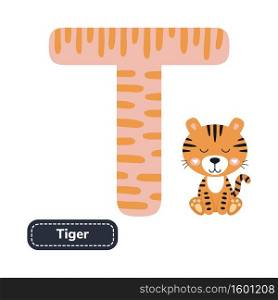 Kids alphabet. Letter t. Cute cartoon tiger. Vector illustration.. Kids alphabet. Letter t. Cute cartoon tiger.