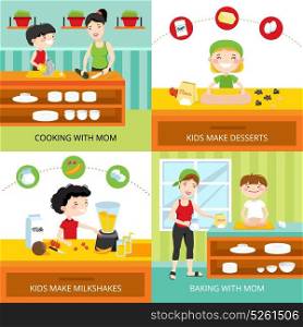 Kids And Cooking Design Concept. Flat design concept with kids making milkshakes and desserts, cooking and baking with mom isolated vector illustration