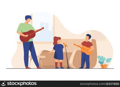 Kids and dad playing guitar and singing at home. Performance, musical instruments, song flat vector illustration. Leisure, entertainment, family concept for banner, website design or landing web page