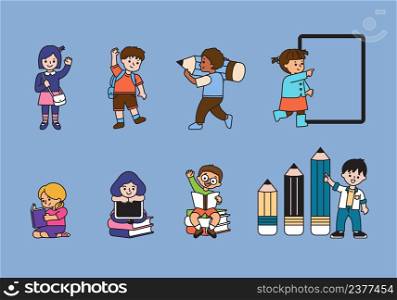 kids and learning filled outline vector illustration. boys and girls student elementary pose action for decoration