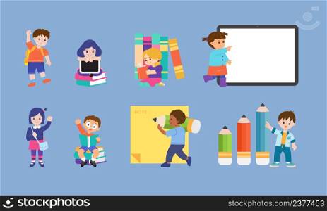kids and learning flat vector illustration. boys and girls student elementary pose action for decoration, presentation, brochure, poster, education, etc.