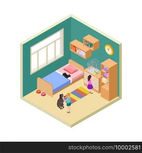 Kids and pets. Girl, boy with cat, dog and bird. Isometric kids room interior vector illustration. Children with animal, cartoon cute child with pets. Kids and pets. Girl, boy with cat, dog and bird. Isometric kids room interior vector illustration