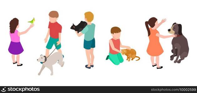 Kids and pets. Pet care concept. Isometric children and dogs, parrot, cats vector set. Illustration boy and girl with cat and parrot. Kids and pets. Pet care concept. Isometric children and dogs, parrot, cats vector set