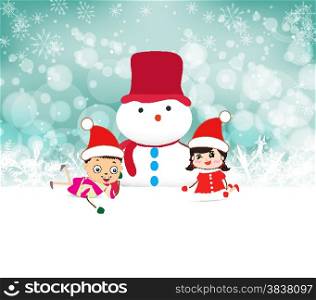 kids and snowman background with snowflakes