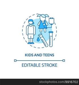 Kids and teens concept icon. Health screening age group idea thin line illustration. Checking vision and hearing. Physical examination. Vector isolated outline RGB color drawing. Editable stroke. Kids and teens concept icon