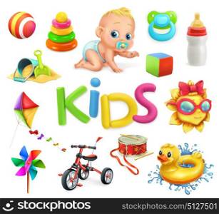 Kids and toys. Children playground, 3d vector icons set