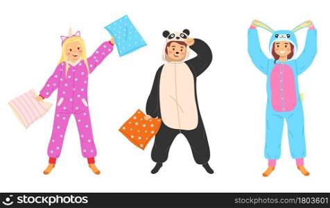 Kids animal pajamas. Boys and girls in overalls standing smiling. Panda unicorn and rabbit funny costumes, clothes with animalistic prints or cute sleepwear for party. Vector cartoon flat isolated set. Kids animal pajamas. Boys and girls in overalls standing smiling. Panda unicorn and rabbit funny costumes, clothes with animalistic prints or cute sleepwear. Vector cartoon flat isolated set