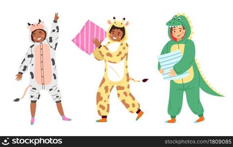 Kids animal pajamas. Smiling boys and girls in overalls. Cow, giraffe and dragon funny costumes, clothes with animalistic prints or kigurumi sleepwear for party. Vector cartoon flat isolated set. Kids animal pajamas. Smiling boys and girls in overalls. Cow, giraffe and dragon funny costumes, clothes with animalistic prints or kigurumi sleepwear for party. Vector cartoon set