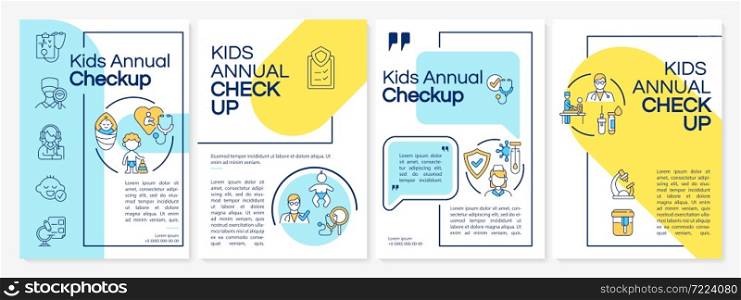 Kids annual checkup blue and yellow brochure template. Flyer, booklet, leaflet print, cover design with linear icons. Vector layouts for presentation, annual reports, advertisement pages. Kids annual checkup blue and yellow brochure template