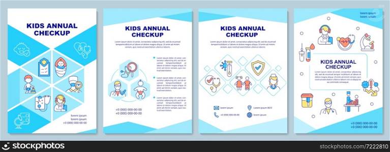 Kids annual checkup brochure template. Medical testing and exam. Flyer, booklet, leaflet print, cover design with linear icons. Vector layouts for presentation, annual reports, advertisement pages. Kids annual checkup brochure template