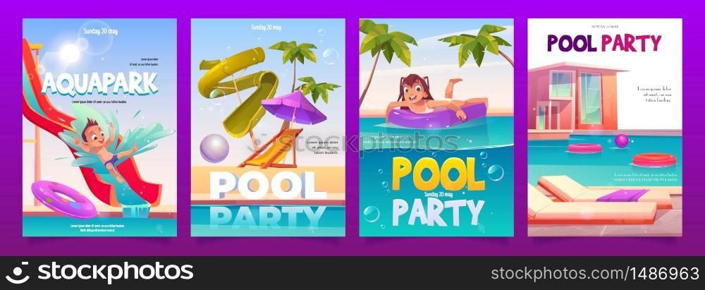 Kids aquapark pool party banners set, amusement aqua park with water attractions, boy riding slide, girl swimming on inflatable ring, outdoor children summer entertainment. Cartoon vector illustration. Kids aquapark pool party banners set, invitation