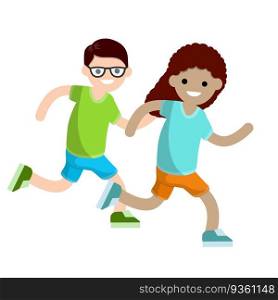 Kids are running race. Boy competes with girl. Sports and entertainment. Children game. Summer clothes-shorts and t-shirt. Man and a woman.. Kids are running race. Boy competes with girl.