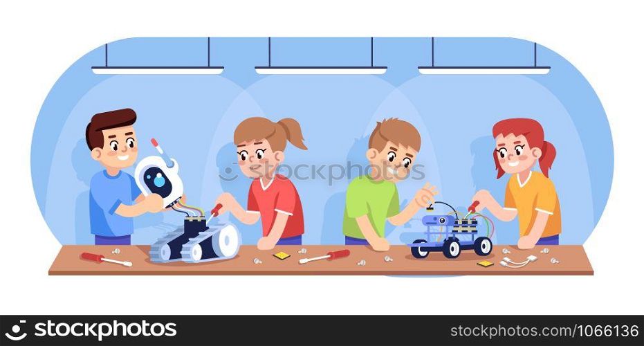 Kids assembling robots flat vector illustration. Automated constructor for children. After school club. Robotics courses for youngsters. Boys and girls creating electronic toys cartoon characters