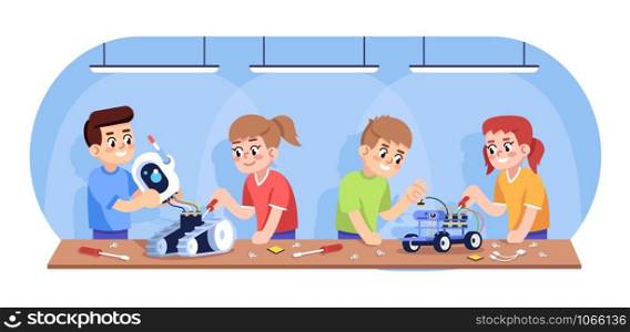 Kids assembling robots flat vector illustration. Automated constructor for children. After school club. Robotics courses for youngsters. Boys and girls creating electronic toys cartoon characters