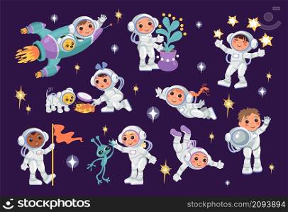 Kids astronauts. Little boys and girls cosmonauts. Happy children in outer space with dog or plant. Funny spaceman characters fly on cosmic rocket. Stars and alien. Vector cute universe explorers set. Kids astronauts. Little boys and girls cosmonauts. Happy children in outer space with dog or plant. Spaceman characters fly on cosmic rocket. Stars and alien. Vector universe explorers set