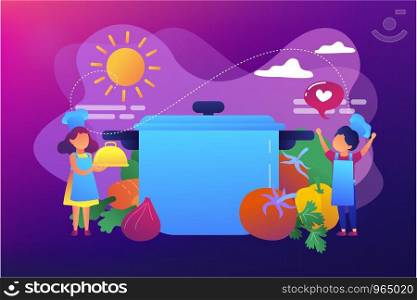 Kids at huge pan enjoy cooking tasty dishes from vegetables, tiny people. Cooking camp, culinary education for kids, young chief course concept. Bright vibrant violet vector isolated illustration. Cooking camp concept vector illustration.