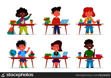 Kids at school desk. Pupils, multiethnic boys and girls at tables in classroom. Children studying, vector cartoon isolated characters in education room. Kids at school desk. Pupils, multiethnic boys and girls at tables in classroom. Children studying, vector cartoon isolated characters