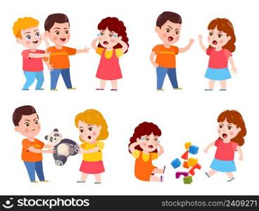 Kids bad behavior. Boys making grimace and offend crying girl, sibling argue or quarrel. Friends fighting over toy. Aggressive characters having conflict, bullying children vector set. Kids bad behavior. Boys making grimace and offend crying girl, sibling argue or quarrel. Friends fighting over toy