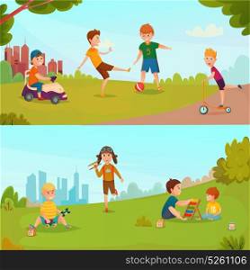 Kids Banner Set. Colored carton kids banner set with children playing on the green grass in the company vector illustration